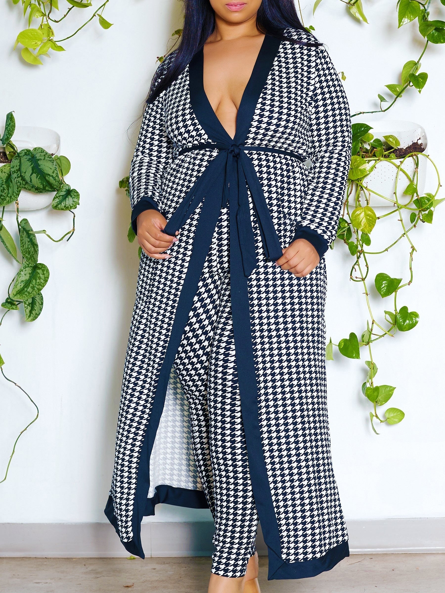  Houndstooth Print Robe & Pants Set