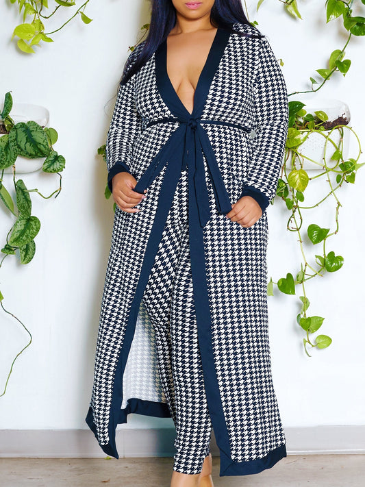  Houndstooth Print Robe & Pants Set