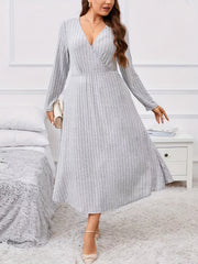  Ribbed Long Sleeve V Neck Maxi Dress