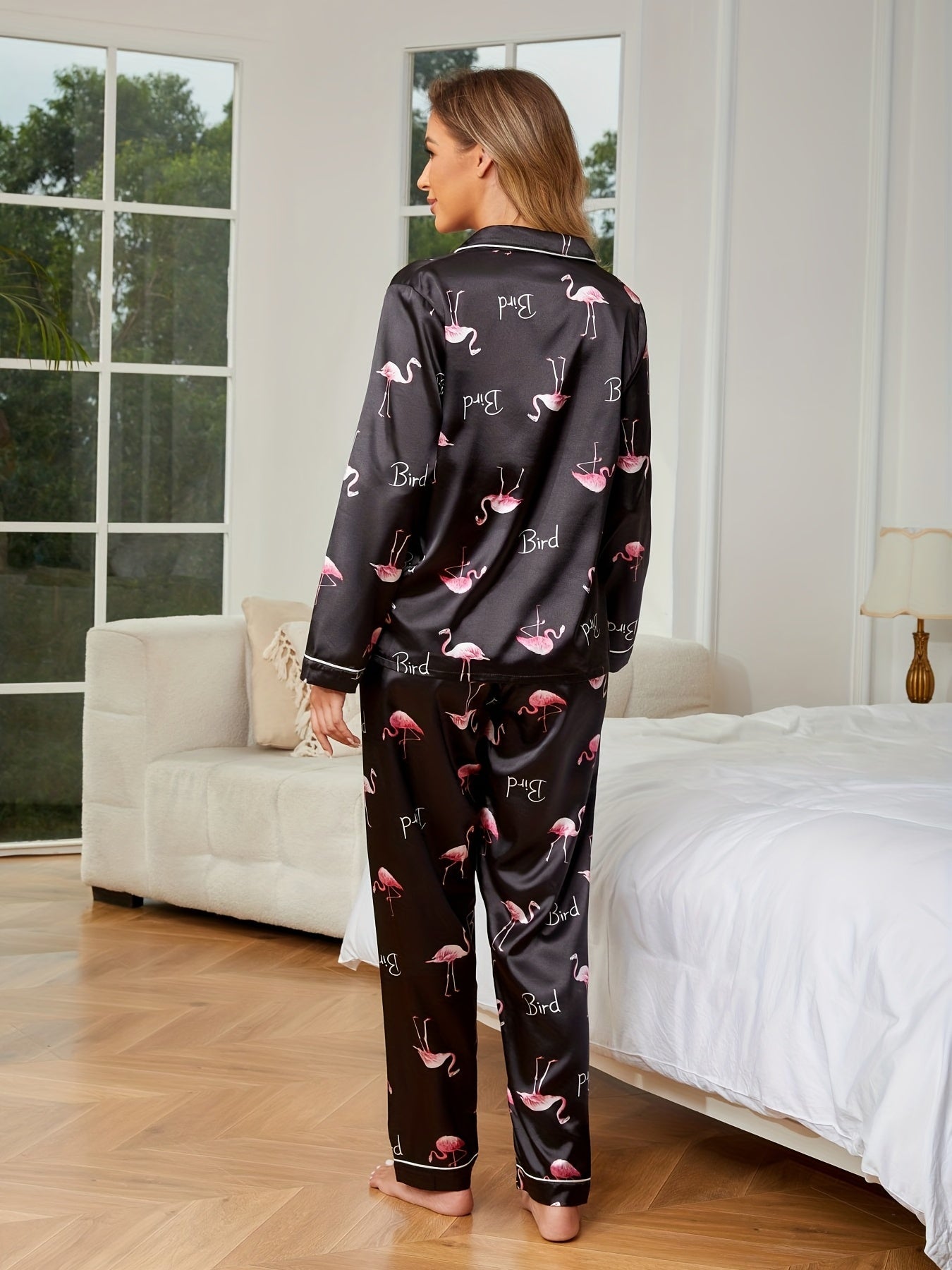 Flamingo Print Pajama Set Long Sleeve Top & Pants