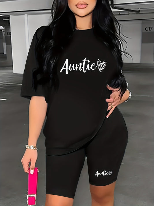 Letter & Heart Print Two piece Set Casual Short Sleeve T shirt & Biker Shorts