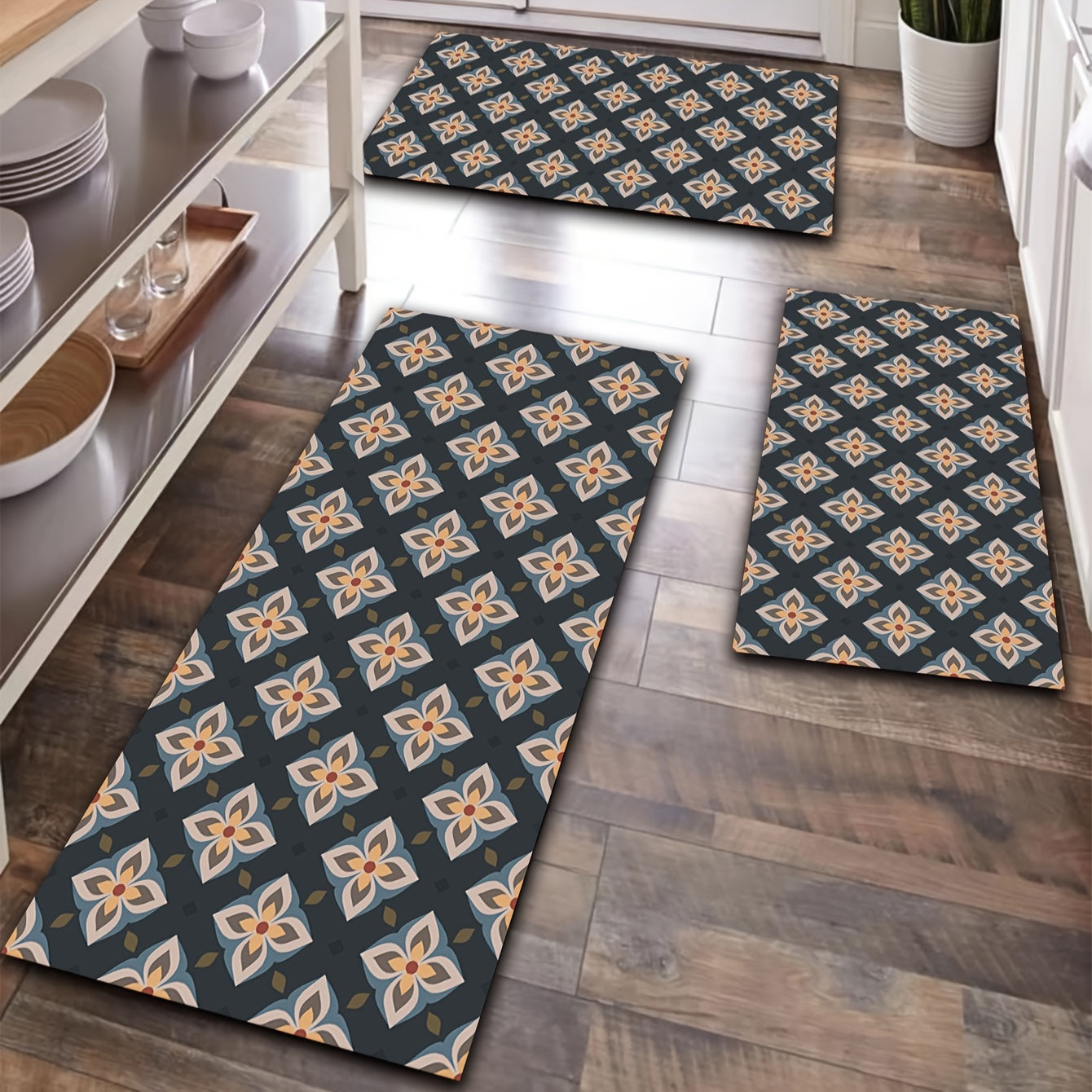 Retro Kitchen Mat Floral Pattern Rug Polyester Material Carpet Machine Washable