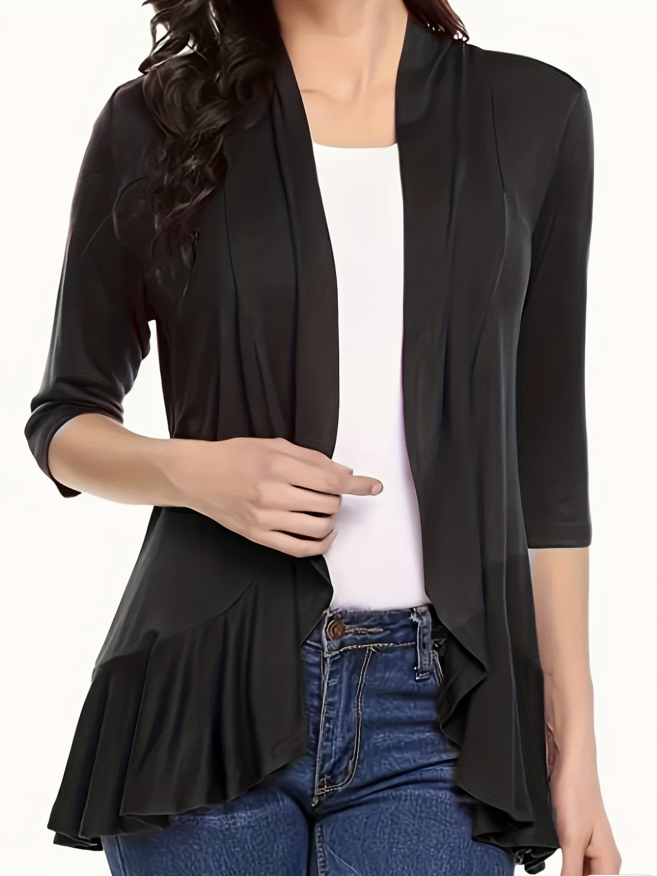  Solid Ruffle Trim Open Front Cardigan