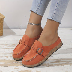Suedette Flat Loafers Slip On Buckle Decor Half Drag Shoes