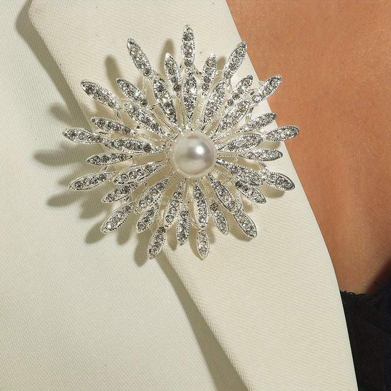 Double Layer Flower Brooch Pin Faux Pearls Ladies Accessory