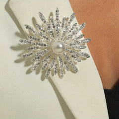 Double Layer Flower Brooch Pin Faux Pearls Ladies Accessory
