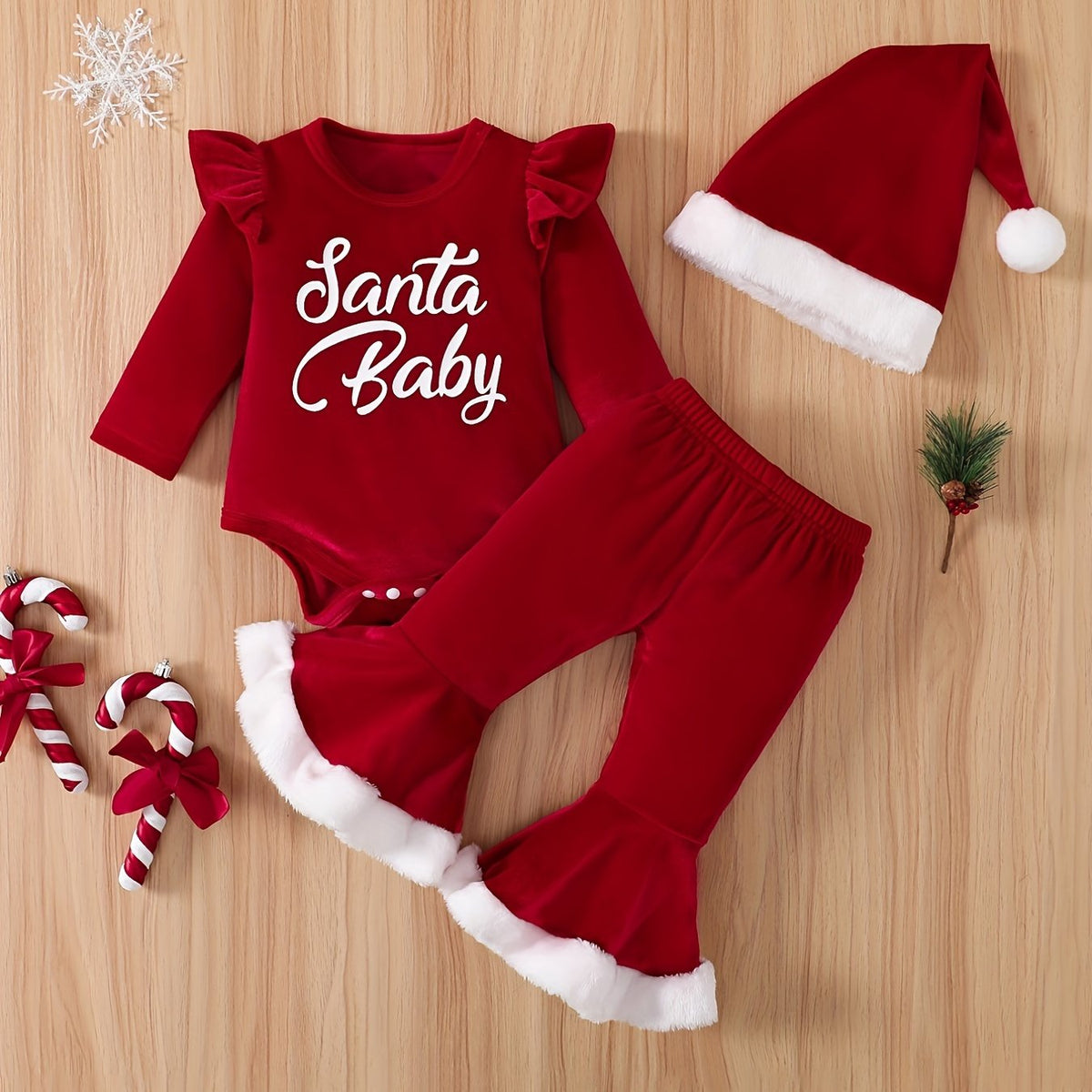 Baby Girls Christmas Bodysuit & Flared Pants & Hat Set