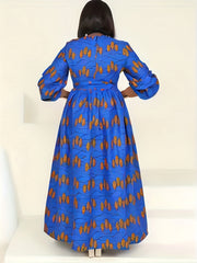  Leaf Print Lantern Sleeve Dress With Belt