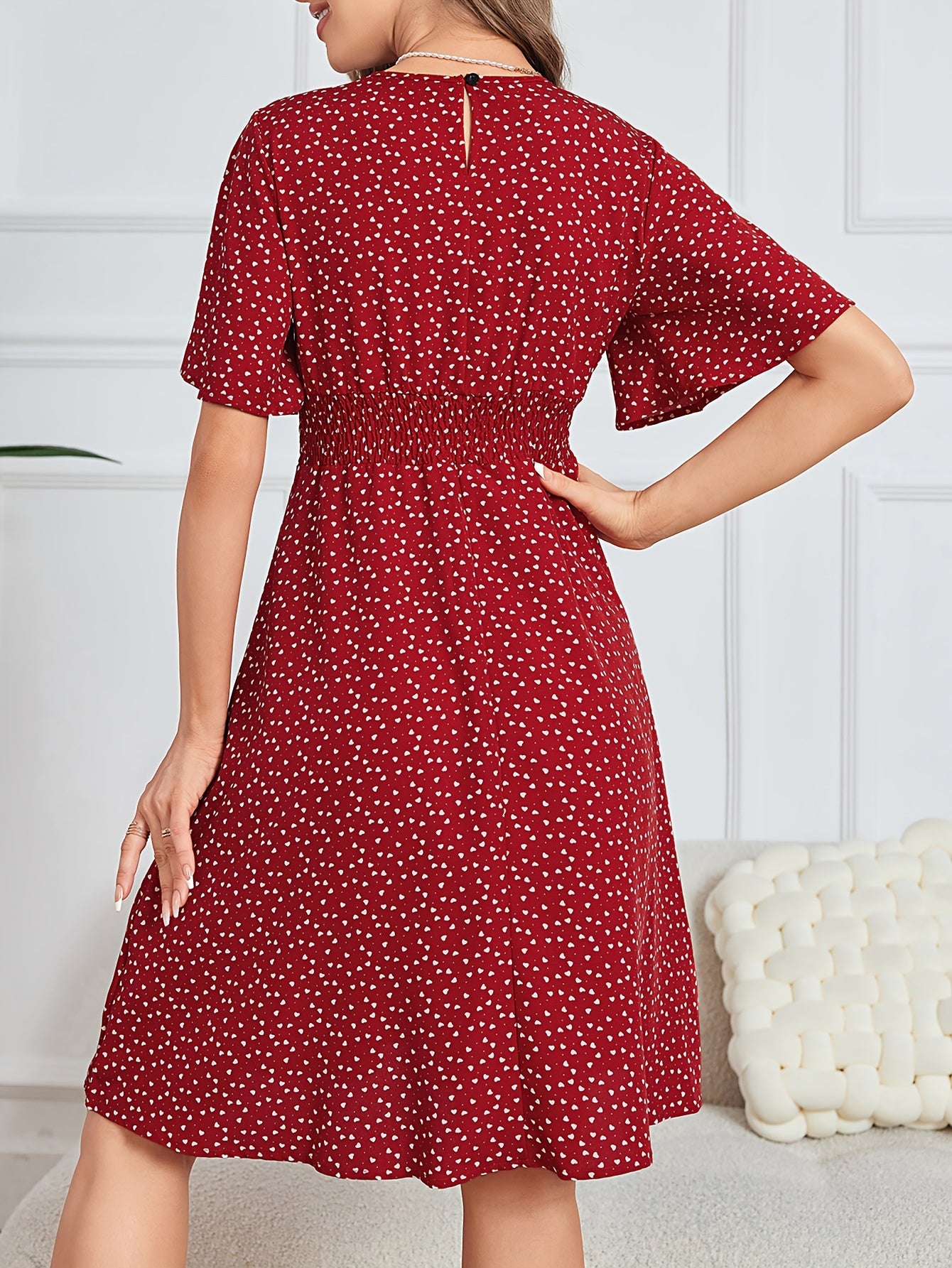 Heart Print Shirred Waist Dress Crew Neck Short Sleeve Dress