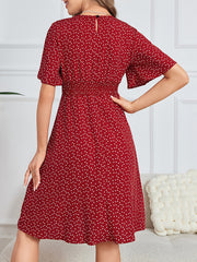 Heart Print Shirred Waist Dress Crew Neck Short Sleeve Dress