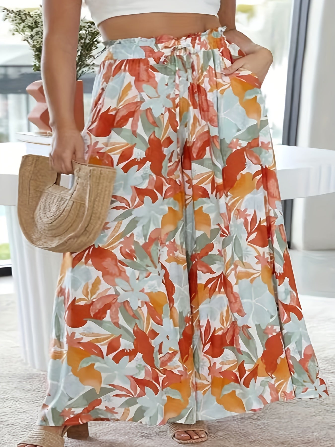 Women's Plus Floral Print Shirred Waist Drawstring Wide Leg Pants