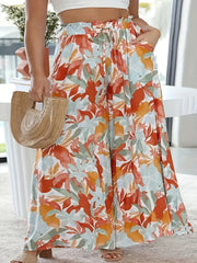 Women's Plus Floral Print Shirred Waist Drawstring Wide Leg Pants