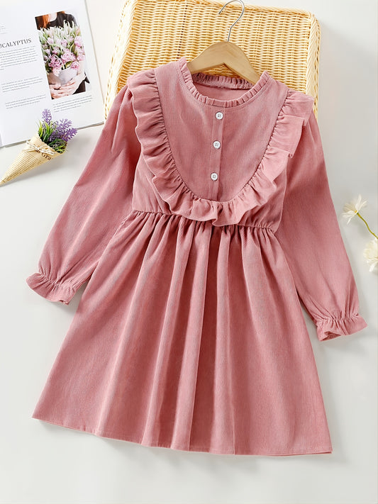 Girls Ruffled Pink Long-sleeved Dress