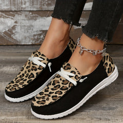 Leopard Printed Canvas Lace Up Sneakers Round Toe Low Top Flats