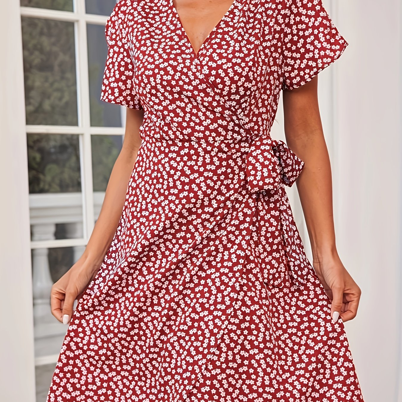 Floral Print Vacation Dress V Neck Short Sleeve Knot Summer Dress