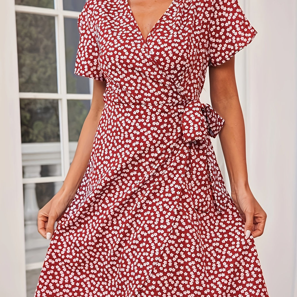 Floral Print Vacation Dress V Neck Short Sleeve Knot Summer Dress