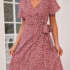 Floral Print Vacation Dress V Neck Short Sleeve Knot Summer Dress