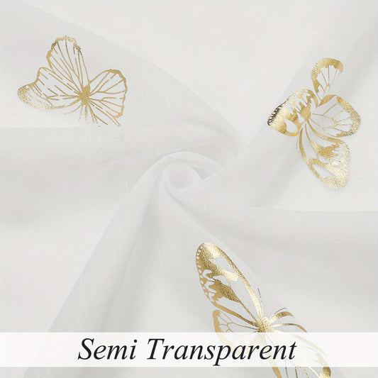 2 Panels Golden Butterfly Sheer Curtain Romantic Lovely Translucent Curtains