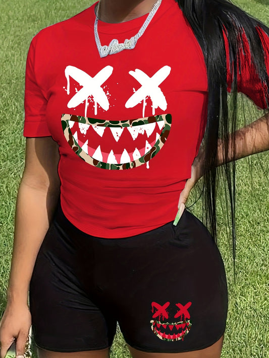 Graphic Print Two piece Set Crew Neck Short Sleeve Tee & Slim Shorts