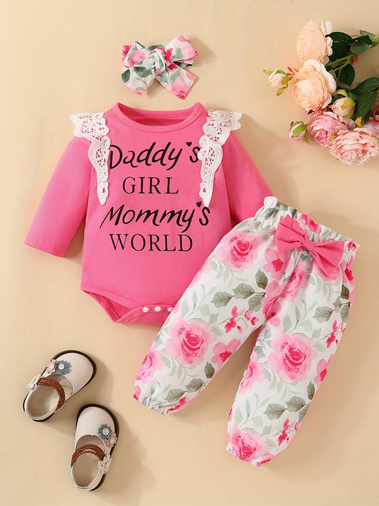Baby Girls Letter Triangle Bodysuit Floral Bow 3pcs Set