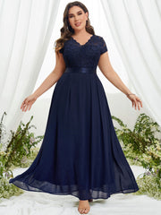  Bridesmaid Dress Solid Lace Short Sleeve V Neck Maxi Formal Dress