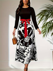  Colorblock Floral Print Long Sleeve Maxi Dress