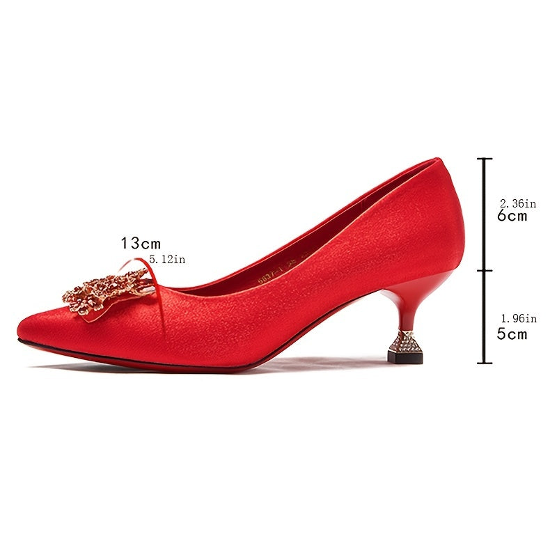Floral Rhinestone Wedding Pumps Red Pointed Toe Mid Heels
