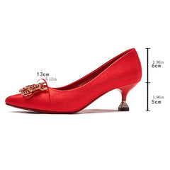 Floral Rhinestone Wedding Pumps Red Pointed Toe Mid Heels