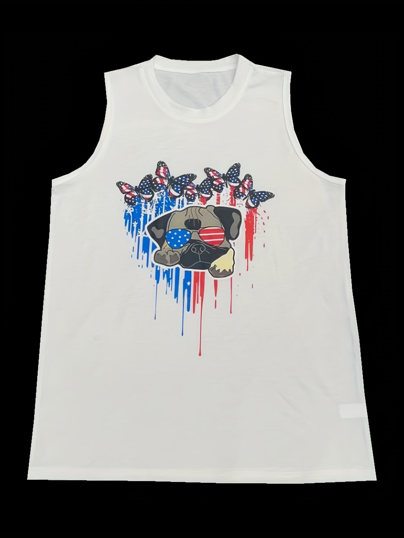 Butterfly & Dog Print Tank Top Crew Neck Casual Independence Tank Top