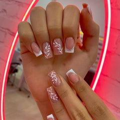 24pcs French Tip Press On Nails Leaves & Glitter Spring Summer Decor