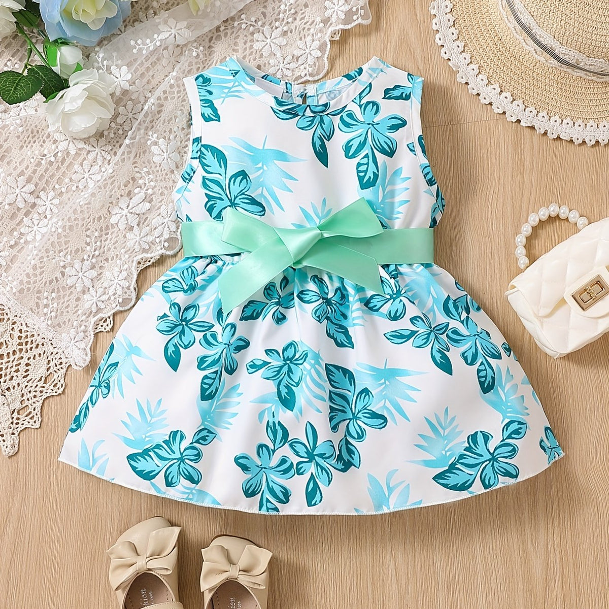 Baby Girls Leaf Graphic Print Belted Dress