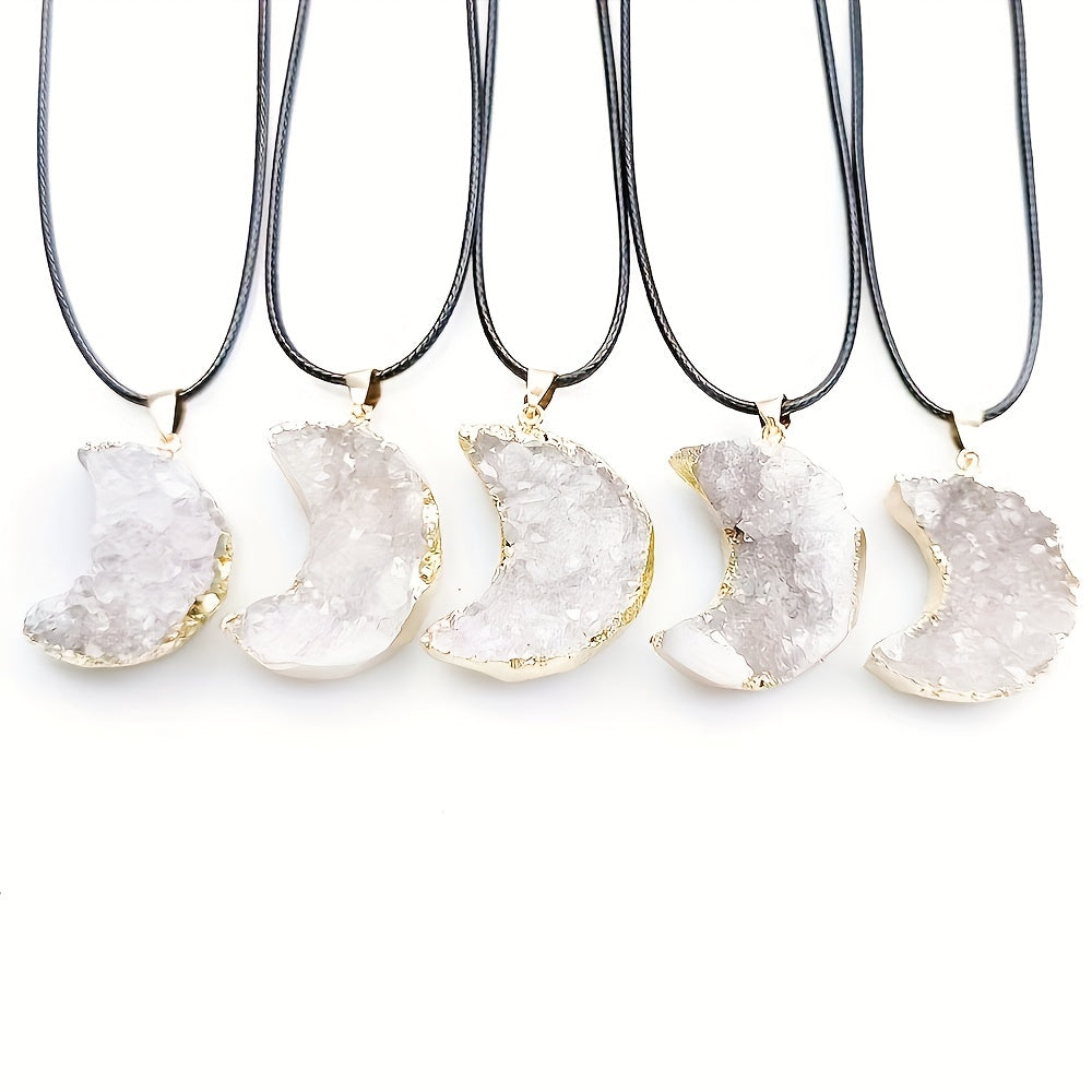 Natural Crystal Stone Moon Pendant Necklace Rough Stone Electroplated