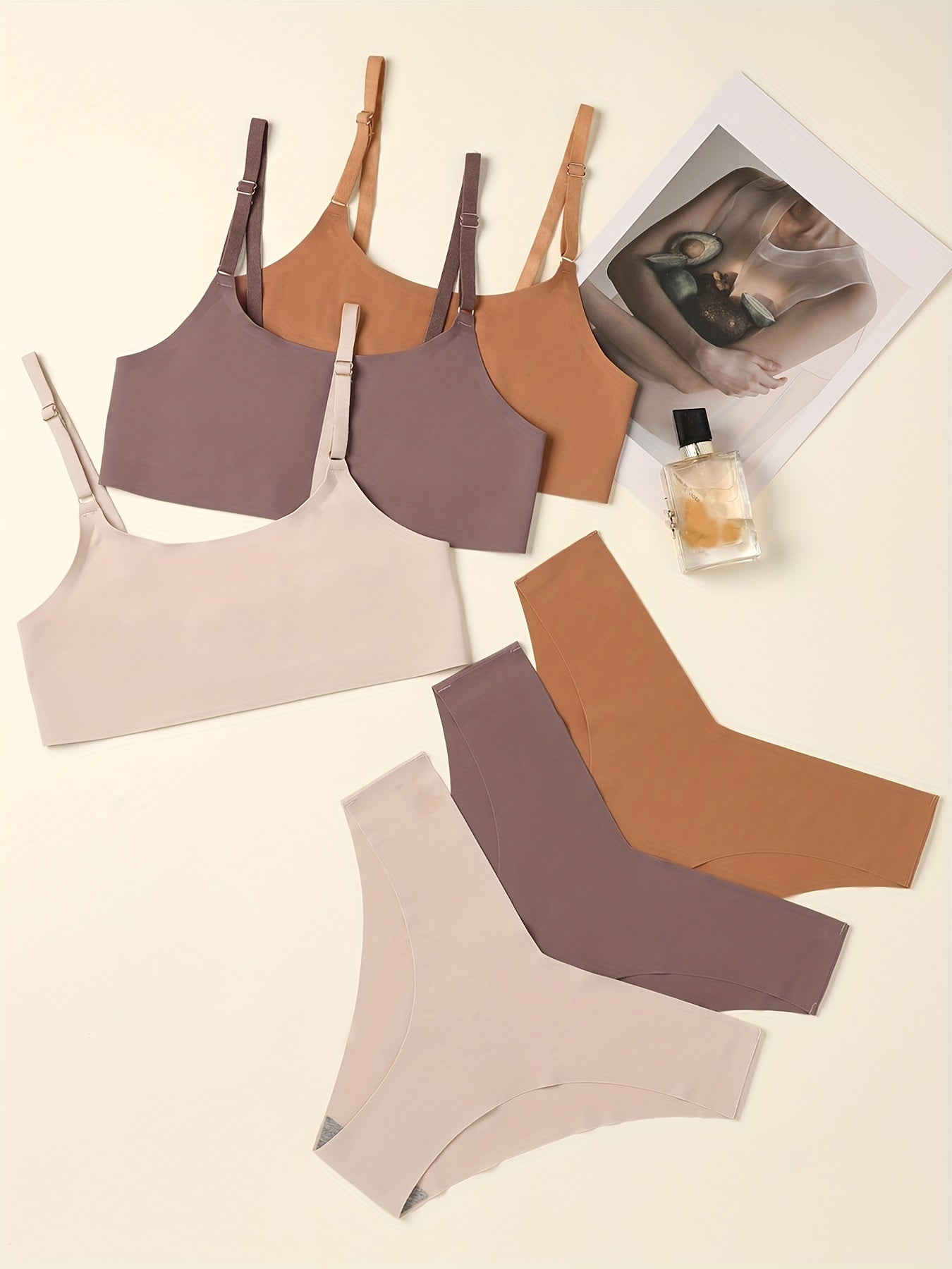 3pcs Solid Bra & Panties Set Full Coverage Seamless Lingerie Women's Underwear