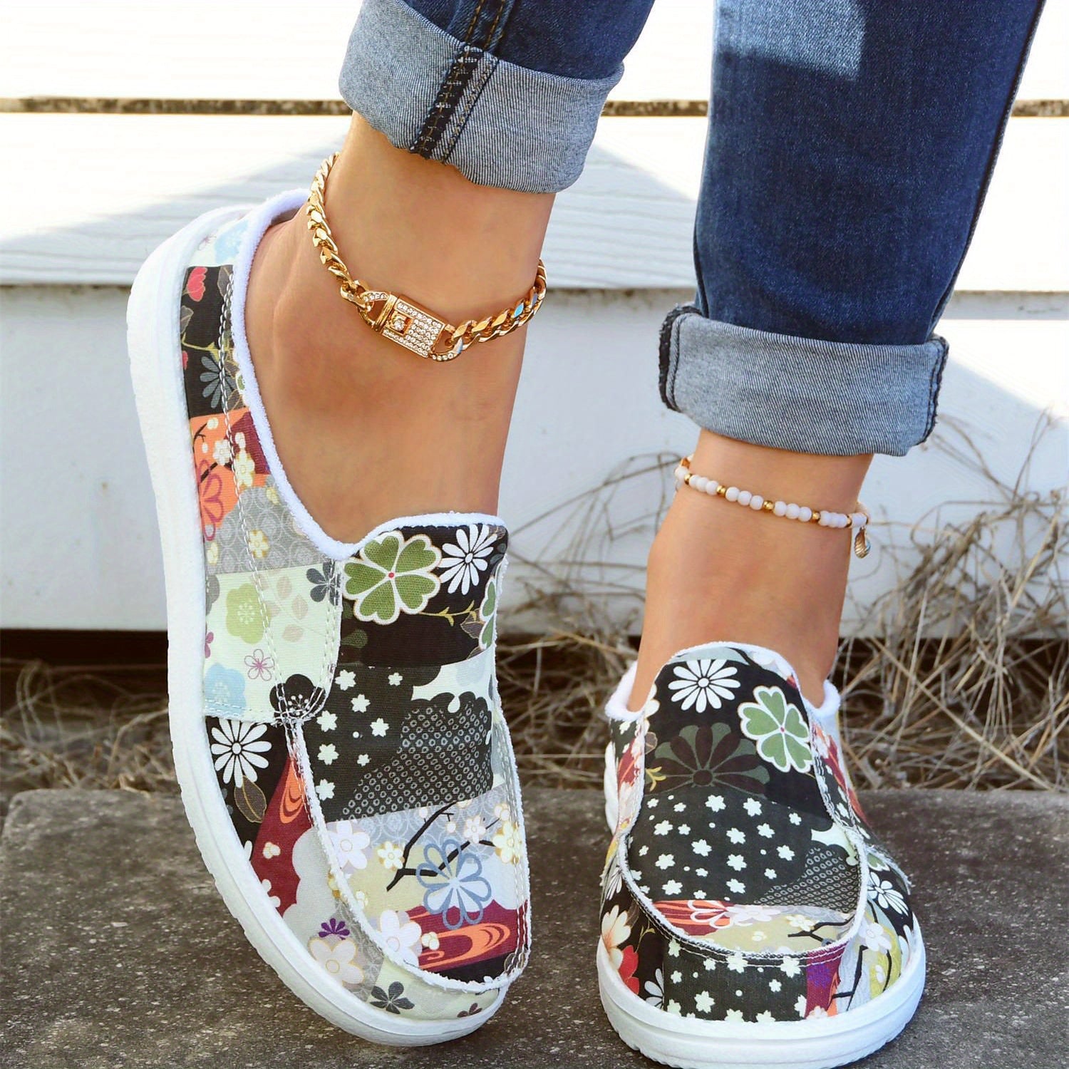 Women's Flower Patchwork Mules Sneakers Slip on Flat Slippers