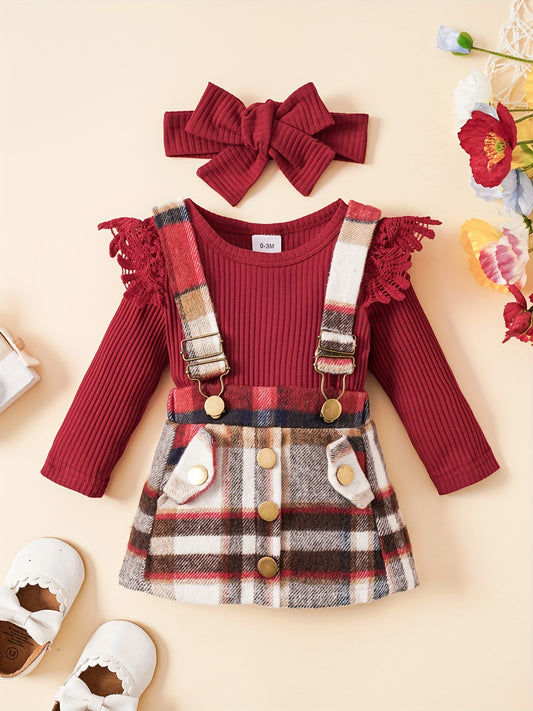 3pcs Baby Girls Long Sleeve Onesie & Plaid Suspender Skirt Set
