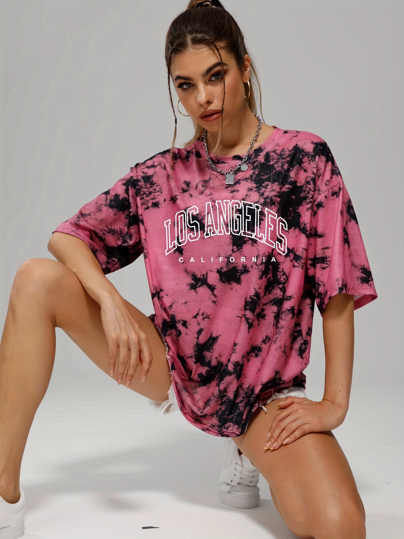 Tie Dye & Letter Graphic Tee Casual Loose Crew Neck T shirts Women's Clothing