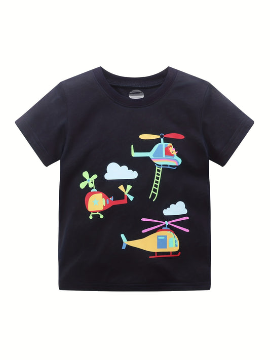 Boys Helicopter Print Casual Cotton Short Sleeve T Shirt
