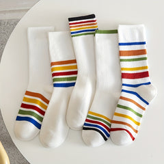 5 Pairs Rainbow Striped Socks Women's Stockings