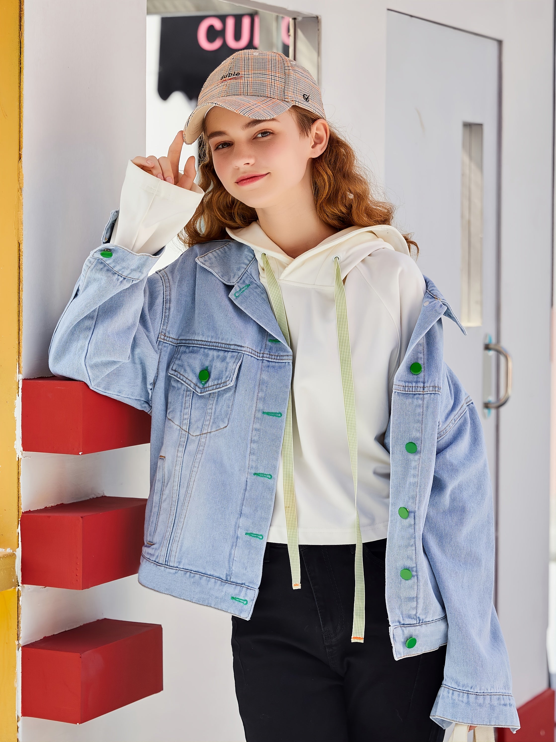 Oversized Green Button Denim Jacket Long Sleeve
