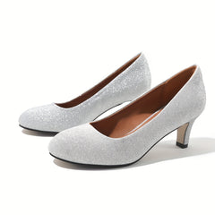 Women's Glitter Silver Slip On Kitten Heel Shoes