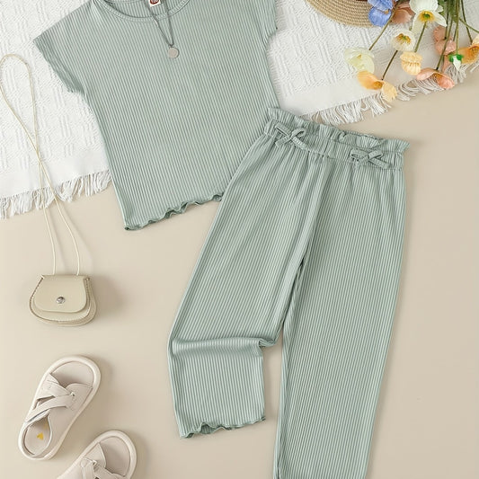 Girl's Ribbed T-shirt & Bowknot Pants Set Summer Outfit