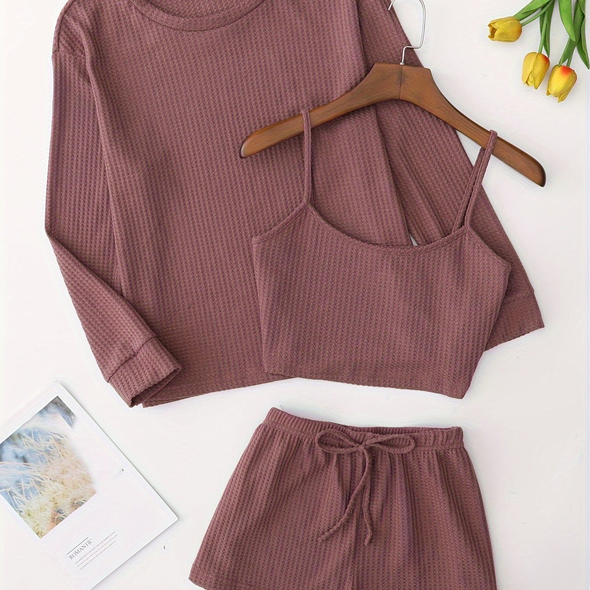 Waffle Lounge Set Long Sleeve Crew Neck Top & Shorts Women's Loungewear