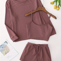 Waffle Lounge Set Long Sleeve Crew Neck Top & Shorts Women's Loungewear