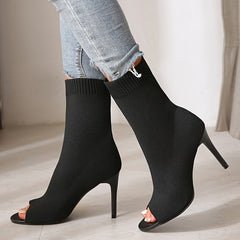 Women's Peep Toe Stretch Ankle Boots Slip On Stiletto Heels