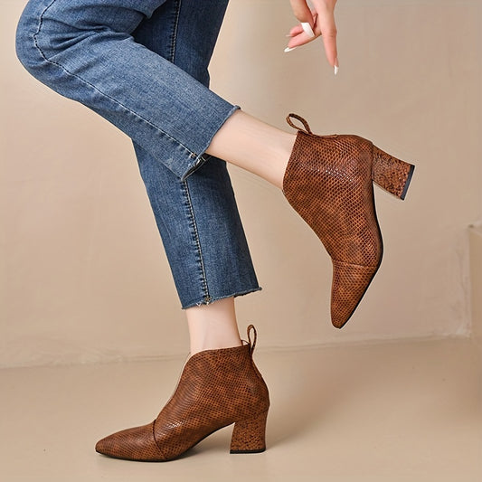 Women's Retro Heeled Ankle Boots Snakeskin Print Slip On High Heels