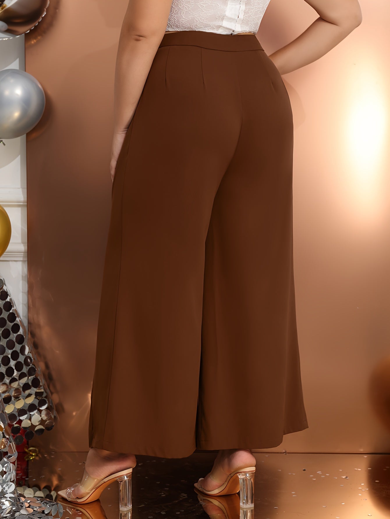  Solid Textured High Rise Wide Leg Trousers