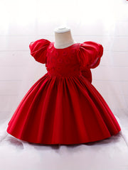 Girls Puff Sleeve Princess Dress with Flower Decor