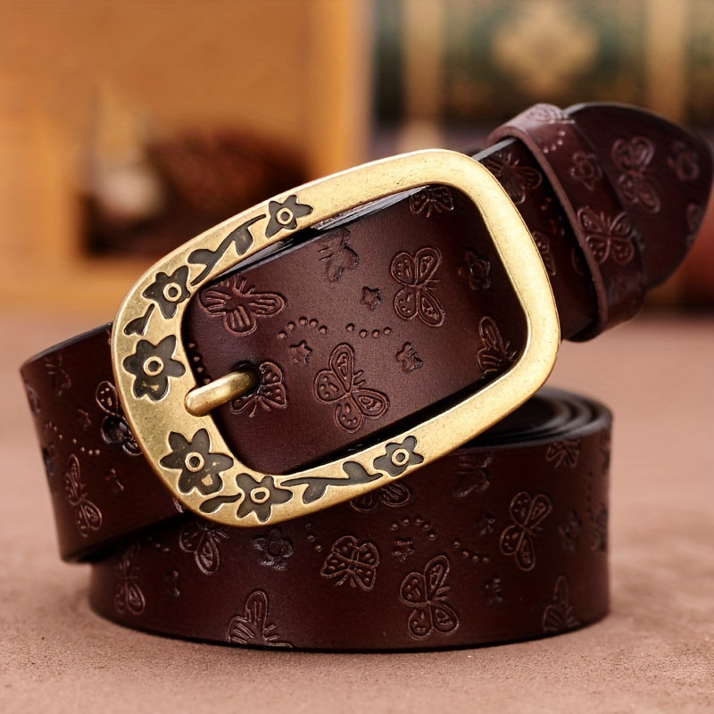Vintage Flower Buckle Leather Belt Embossed Solid Jeans Pants Belt