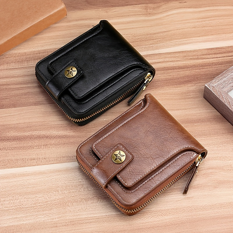 Men's PU Leather Business Wallet with Zipper & Button