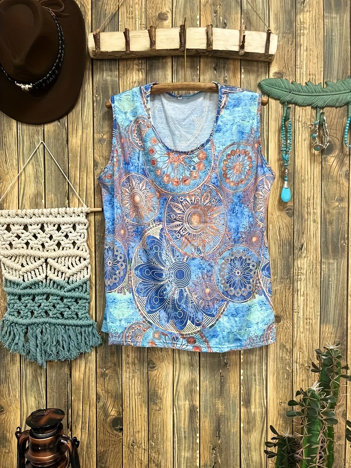 Graphic Print Crew Neck Tank Top for Spring & Summer